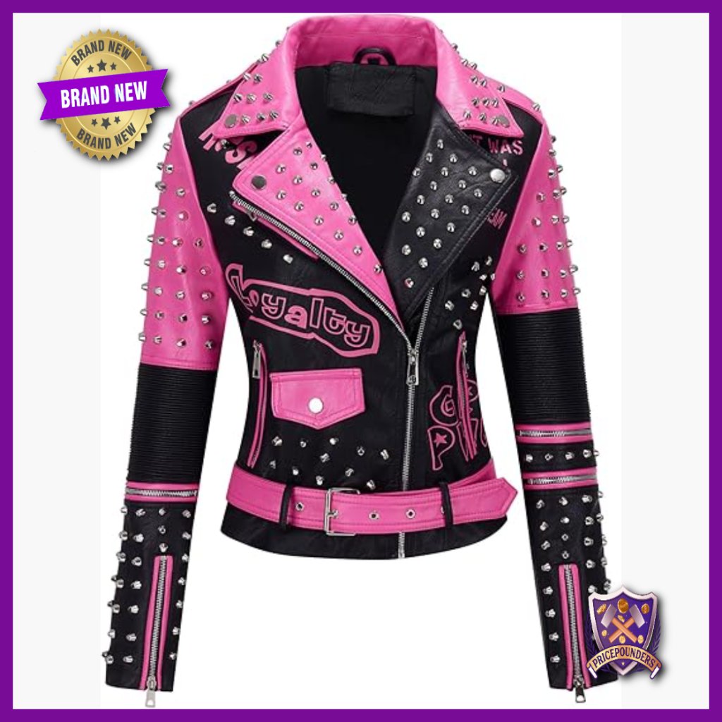 Faux Leather Moto Jacket Studded Rivet Belted Hip-Length Streetwear